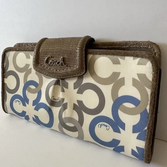 Coach Women's Madison Clover Op Art Wallet Blue Cream Brown Satin - Picture 2 of 15
